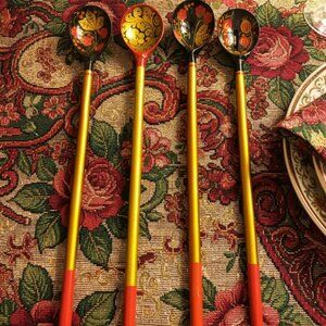 Vintage Russian Khokhloma Hand Painted Wooden Spoons Long Handles Set of 4 Used